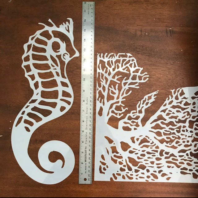 Seahorse + habitat coral STENCIL