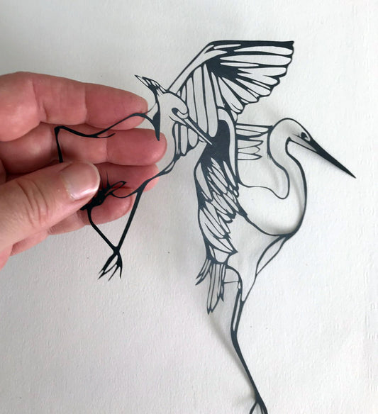 Egrets in flight papercut