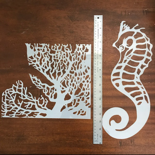 Seahorse + habitat coral STENCIL