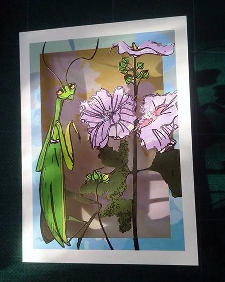 Praying Mantis with Hollyhocks